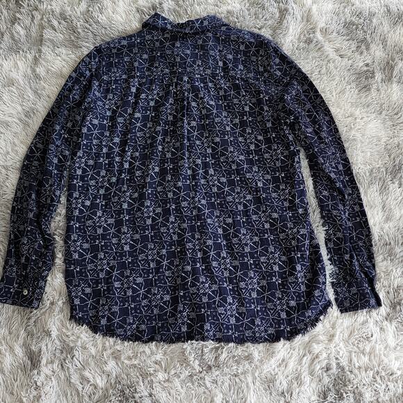 Carve Designs L Indigo Geo Print Shirt — Raw-Edge Hem, Long Sleeve, Button Front - Picture 5 of 7